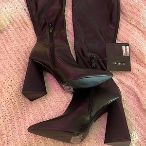 Black Leather Knee High Heels